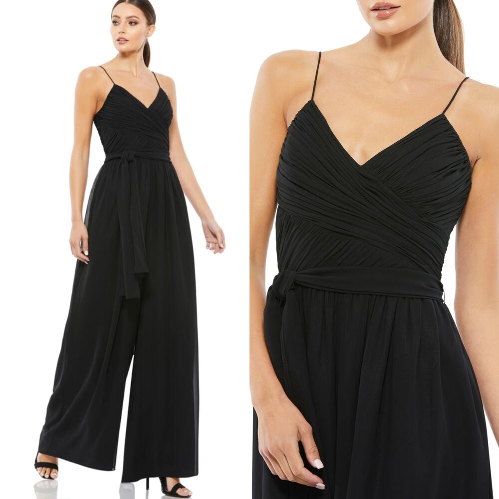 Ieena Mac Duggal Black Faux Wrap Wide Leg Jumpsuit Sleeveless Medium Preowned